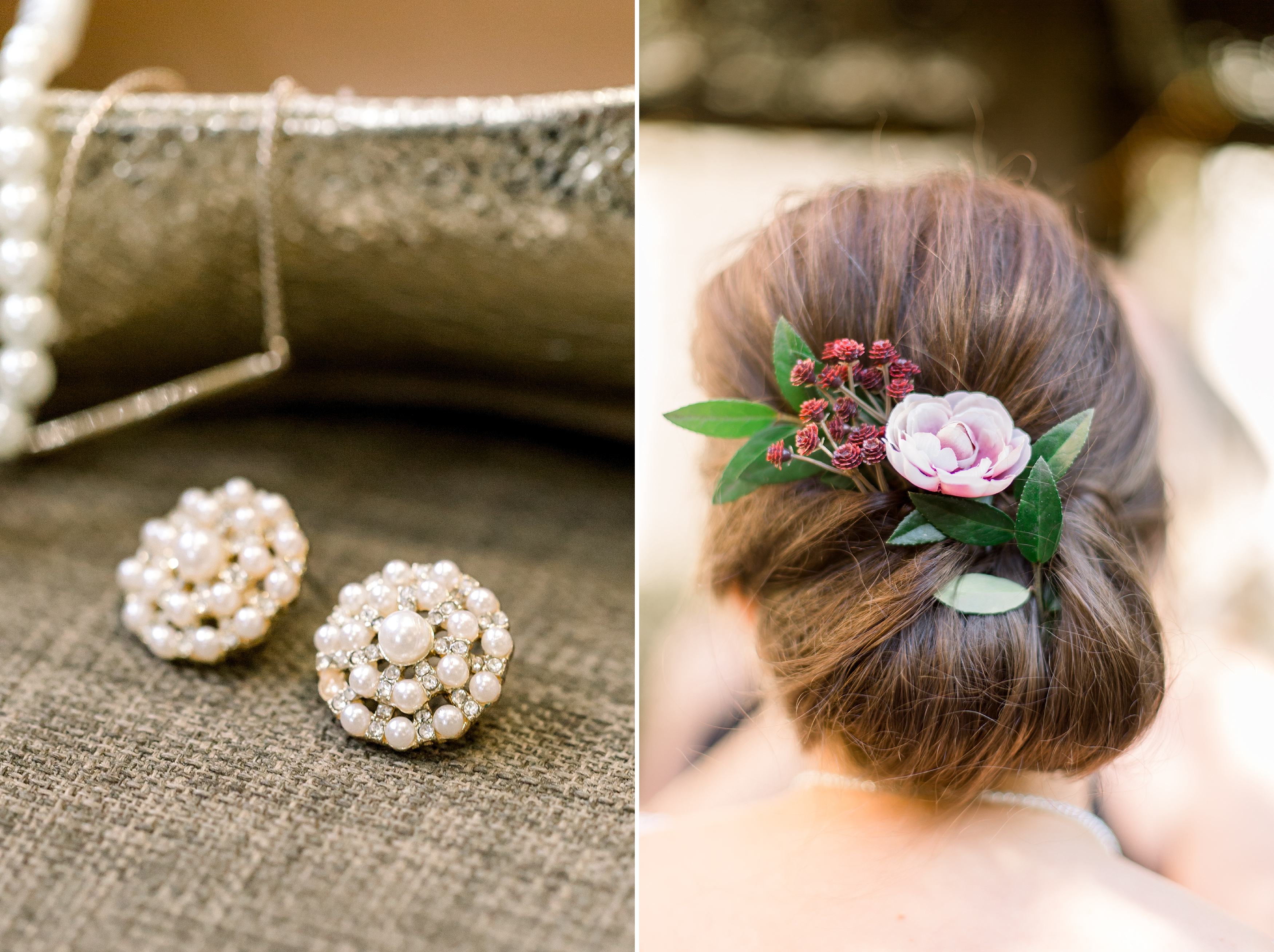 Wedding day jewelry; bride's hair in bun with flowers.