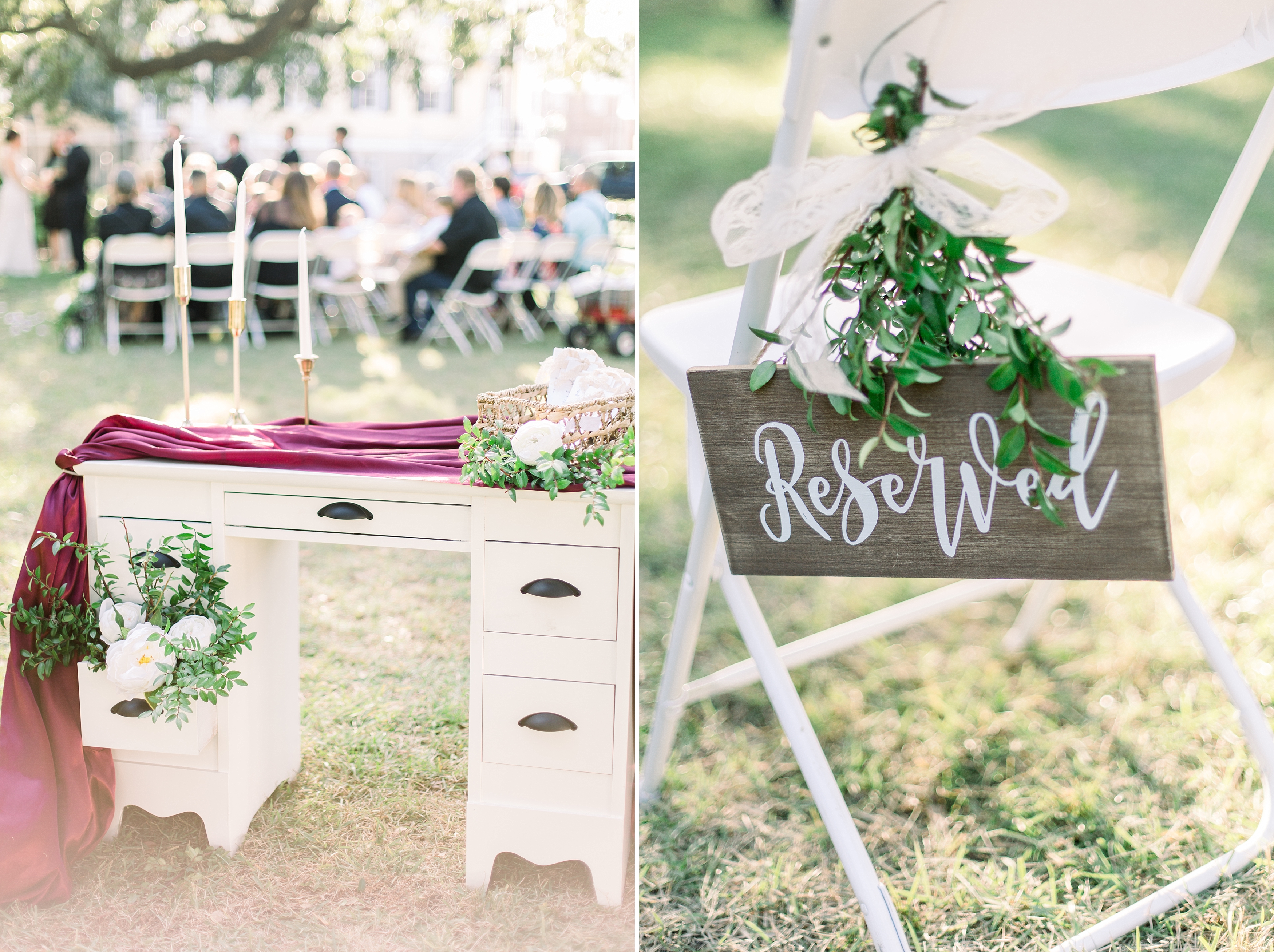 Wedding day details for outdoor ceremony.