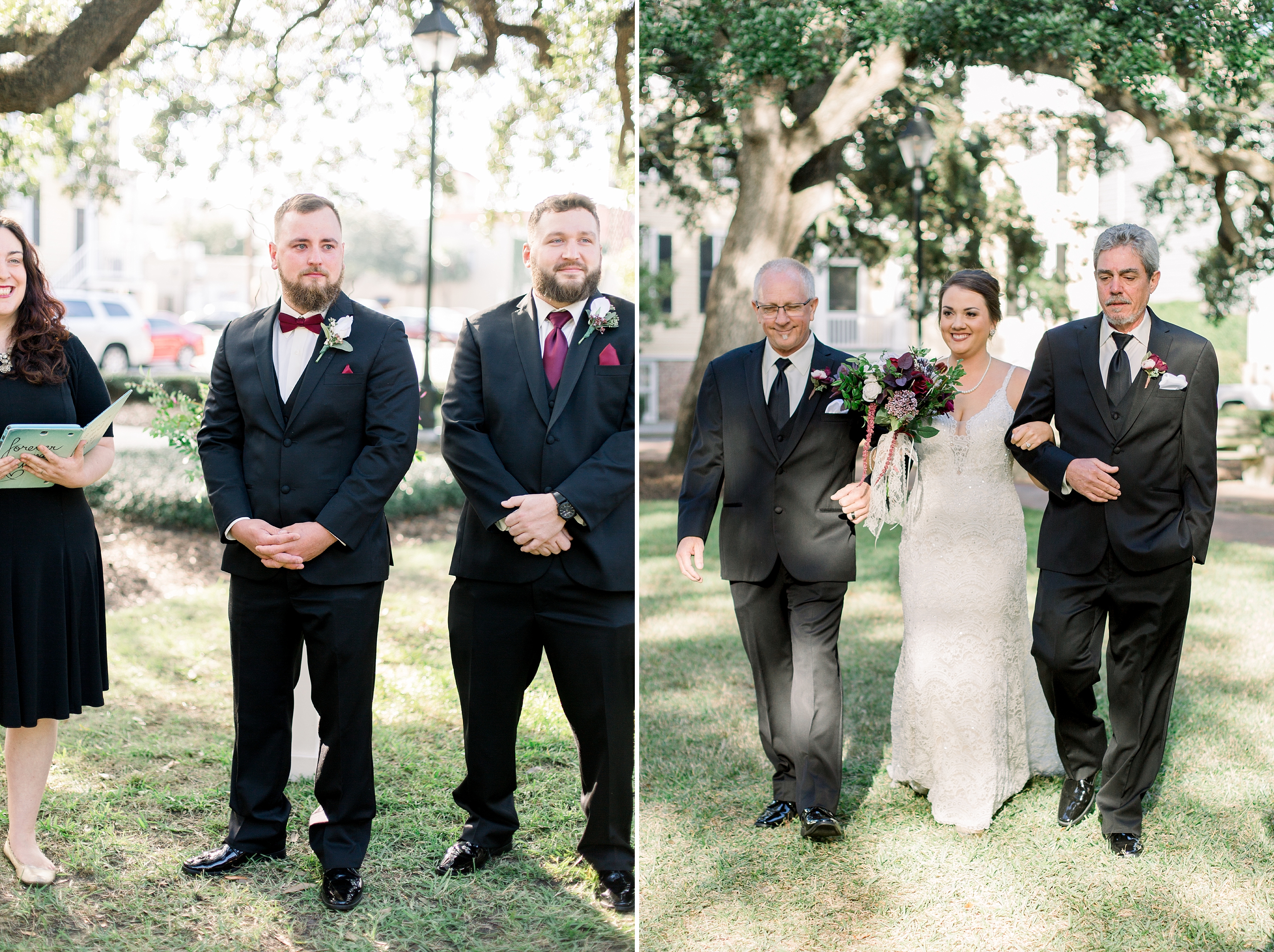 Groom sees bride for first time coming down the aisle.