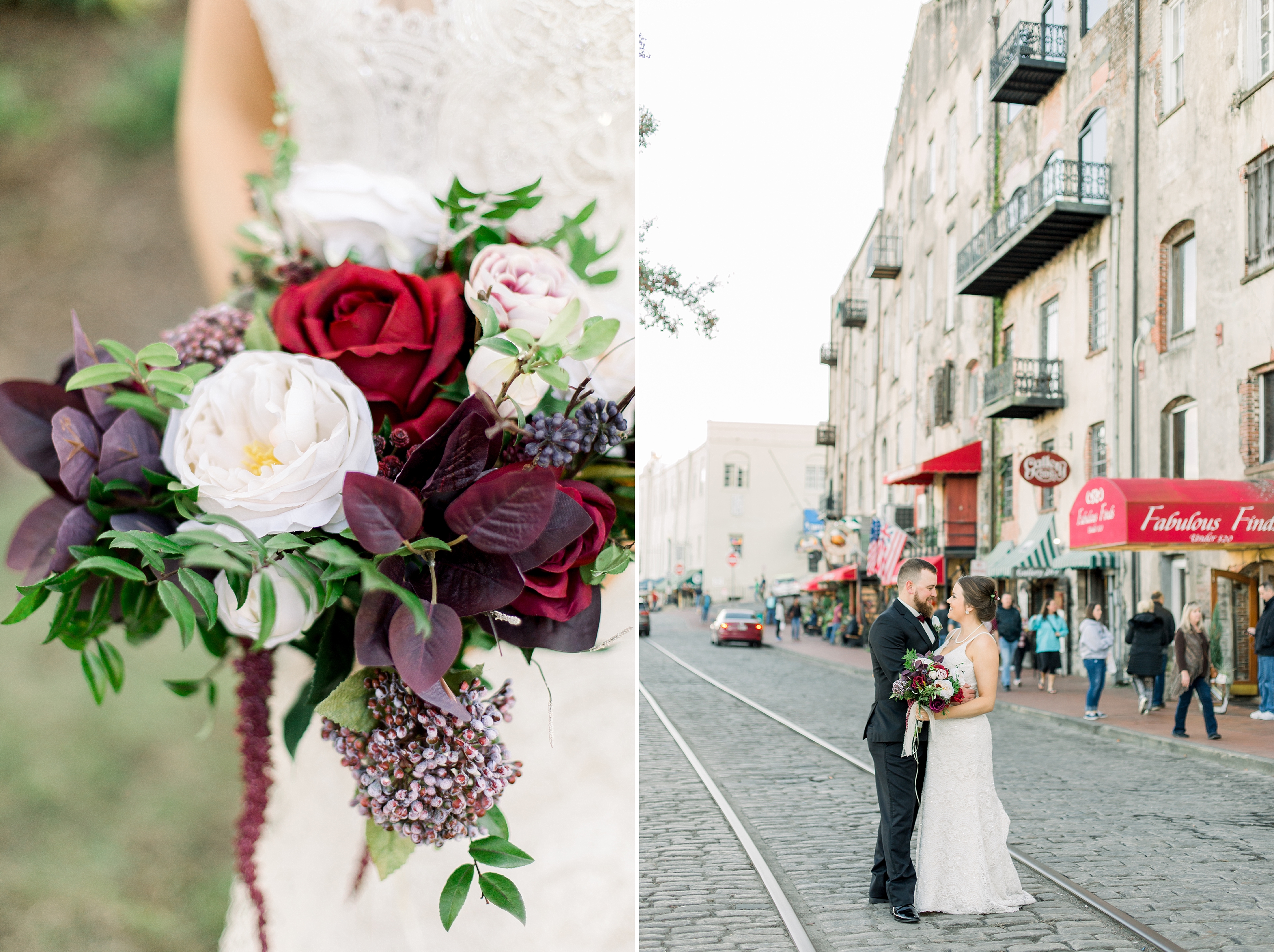 Bride and groom on River Street in downtown Savannah.